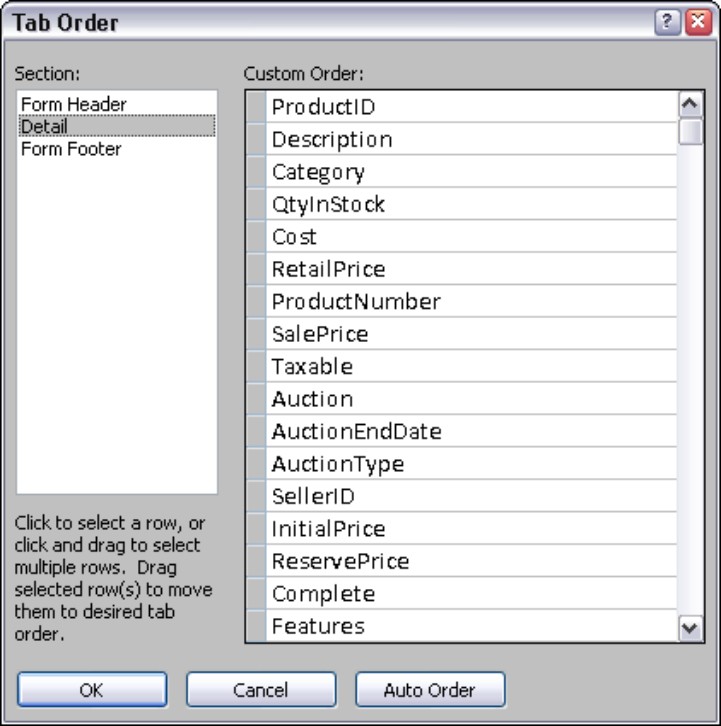 The Tab Order dialog box